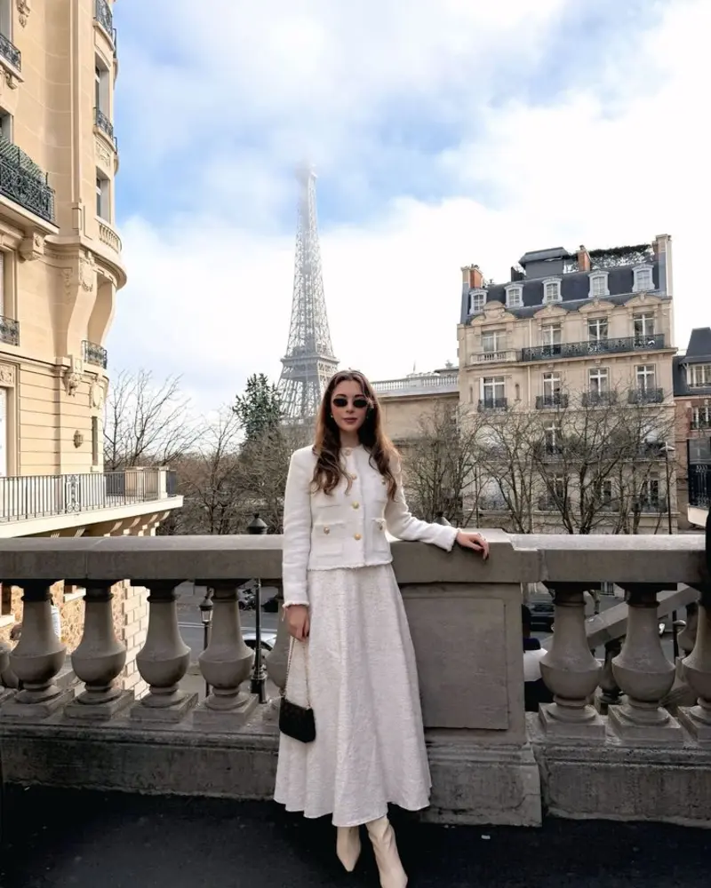 Cropped White Jacket With a Full Midi Skirt