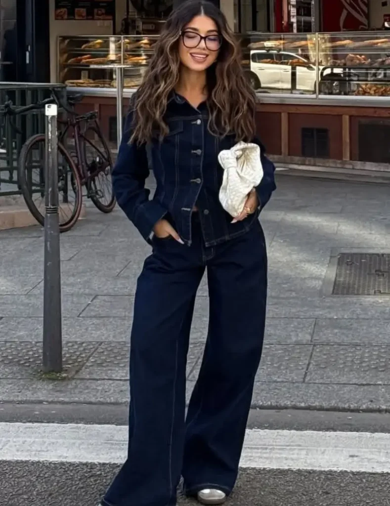Dark Denim Jacket With Wide-Leg Jeans