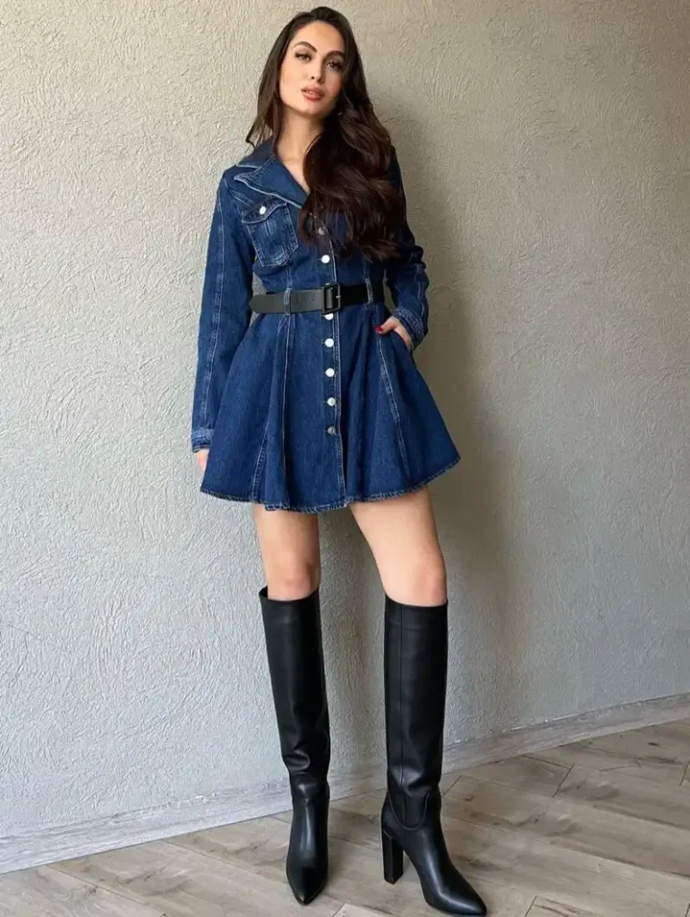 Dark Denim Shirtdress With Tall Black Boots
