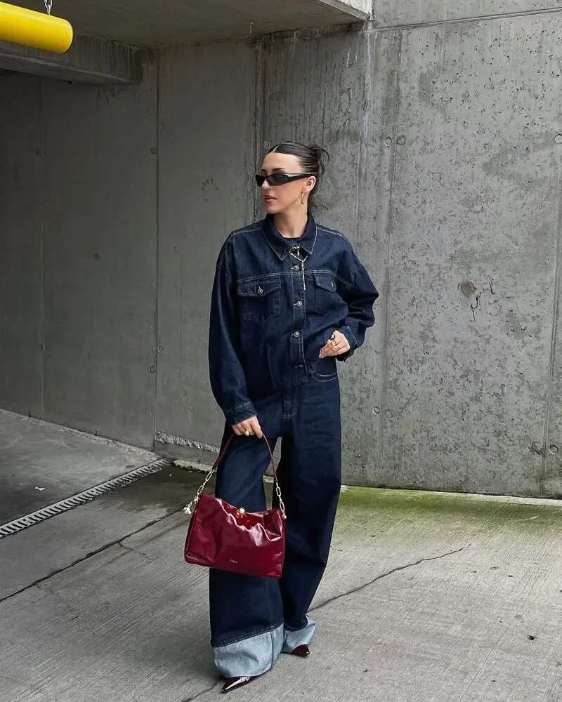 Dark Denim-on-Denim With a Burgundy Bag