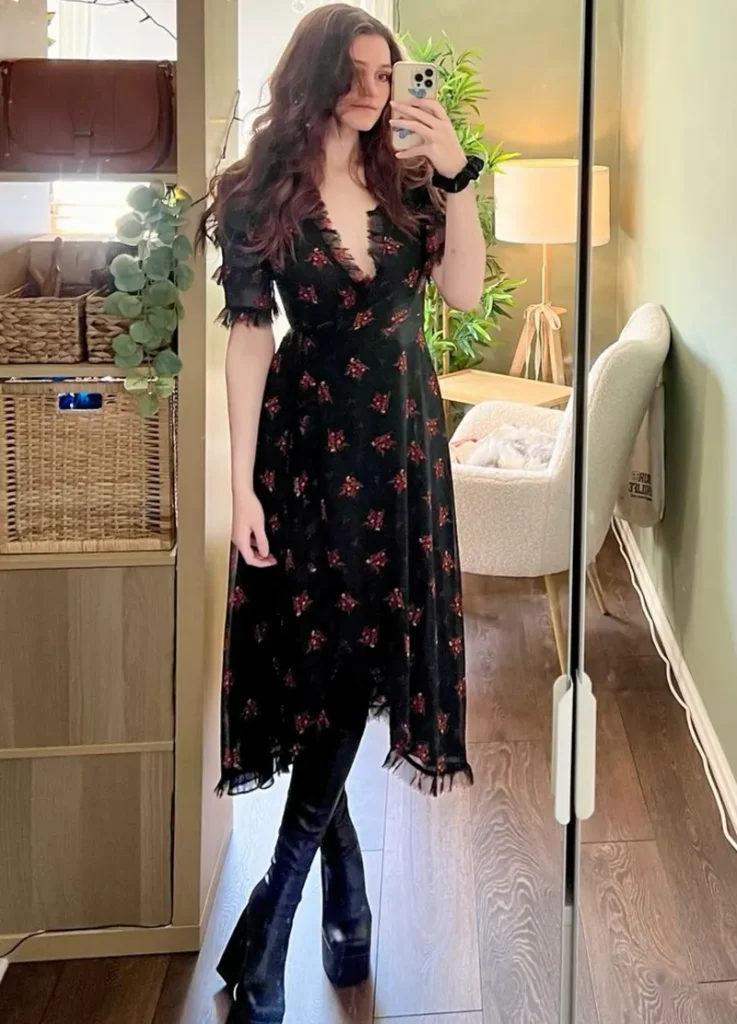 Dark Floral Dress With Knee-High Boots
