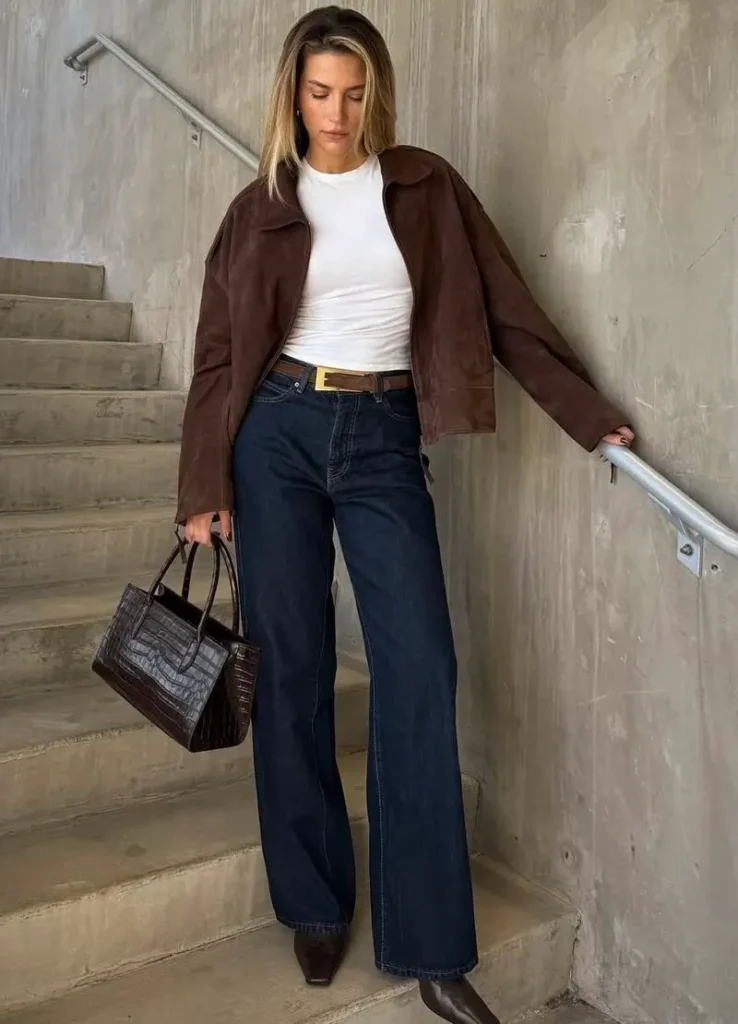 Dark Wide-Leg Jeans and a Brown Suede Jacket
