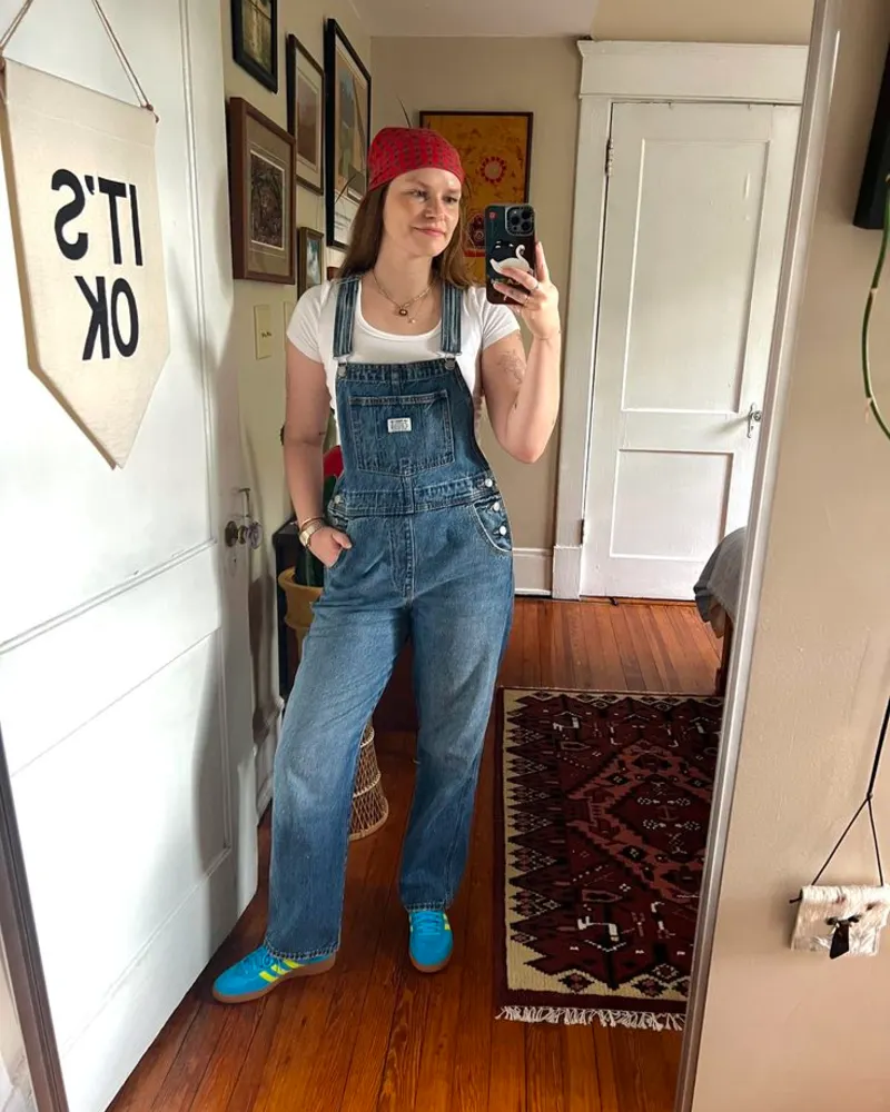  Denim Overalls With a White Tee and Bright Sneakers