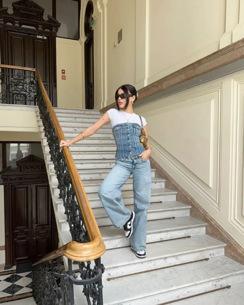 Denim Tube Top Over a White Tee