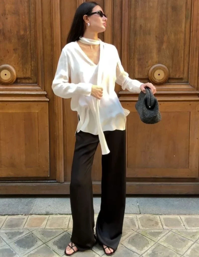 Draped Ivory Blouse With Black Wide-Leg Trousers