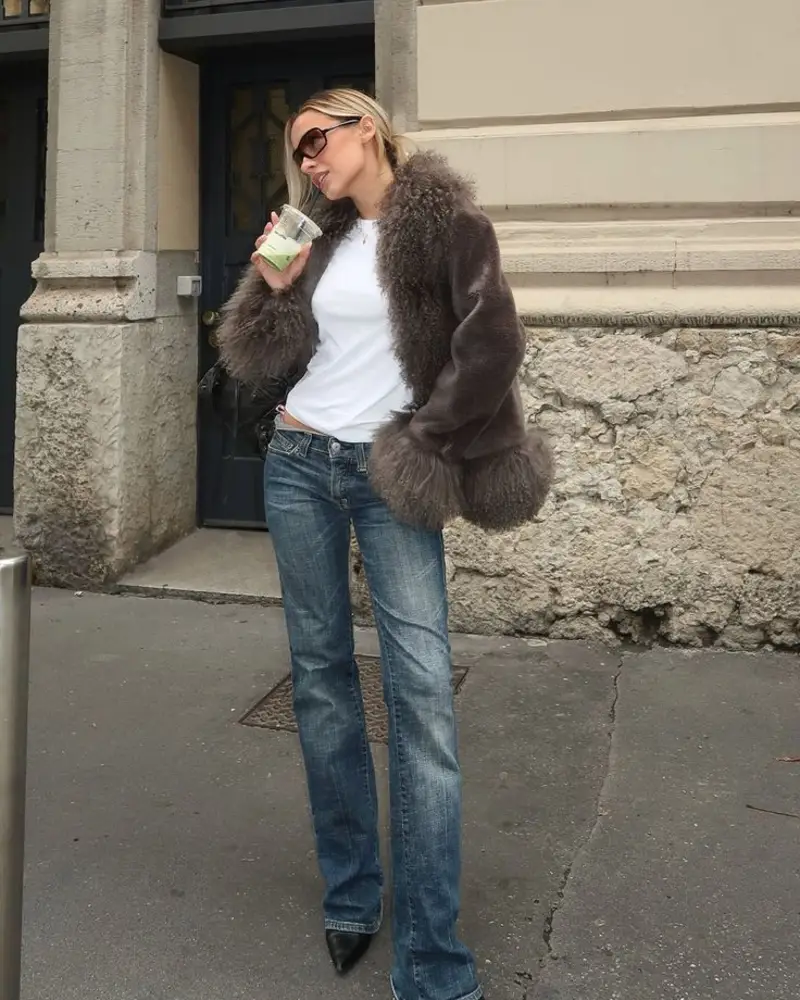 Faux-Fur Jacket With Flared Jeans