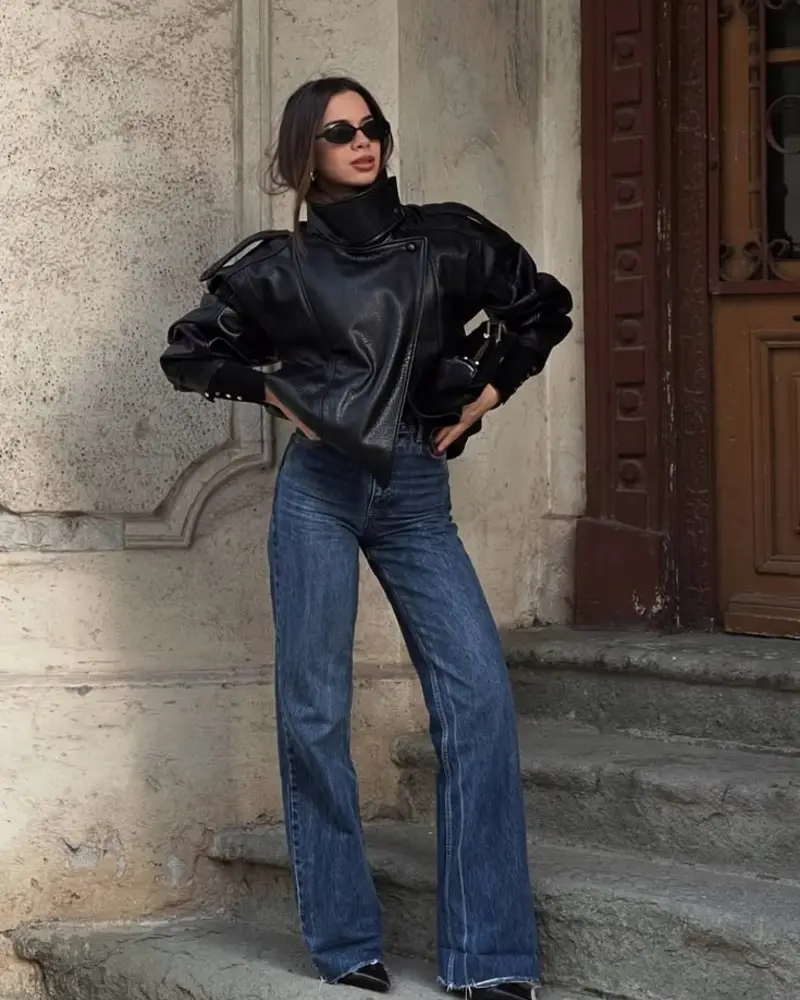 Faux Leather Jacket With Dark Denim