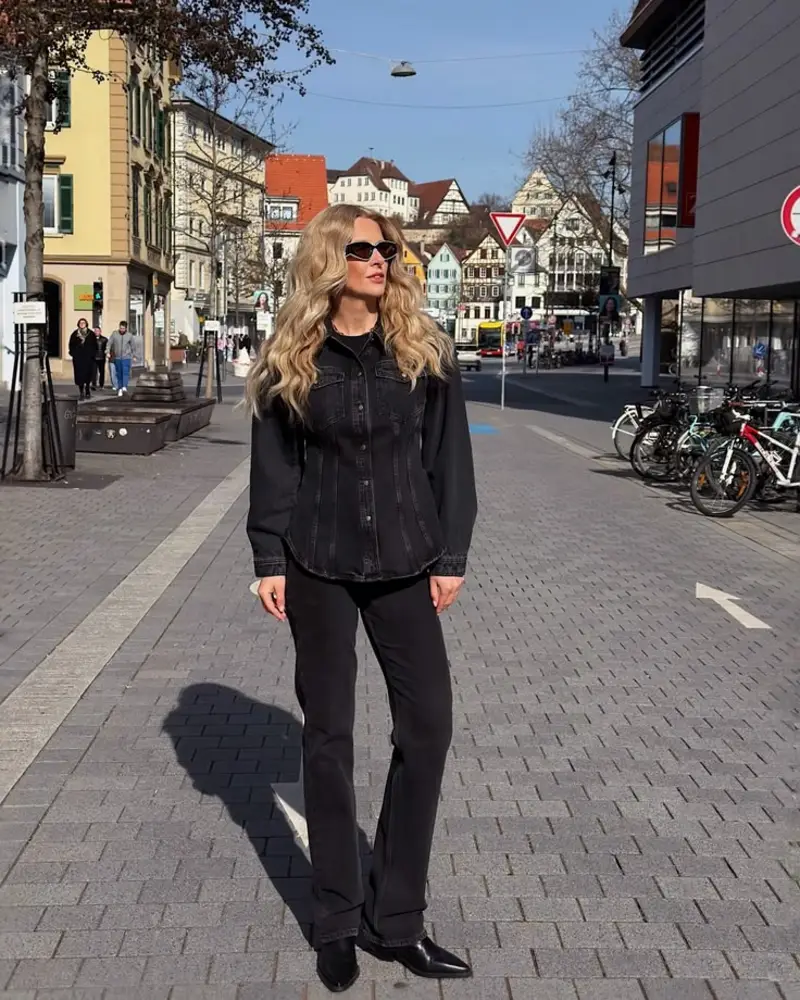 Fitted Black Denim Shirt With Flared Jeans