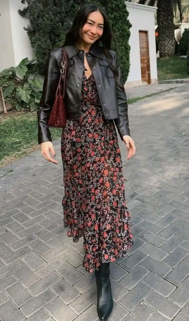  Floral Maxi Dress With a Cropped Leather Jacket