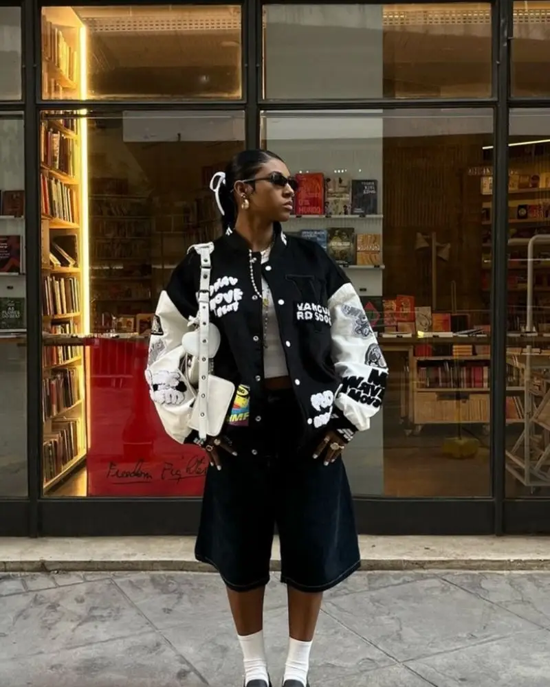 Graphic Varsity Jacket With Long Black Shorts