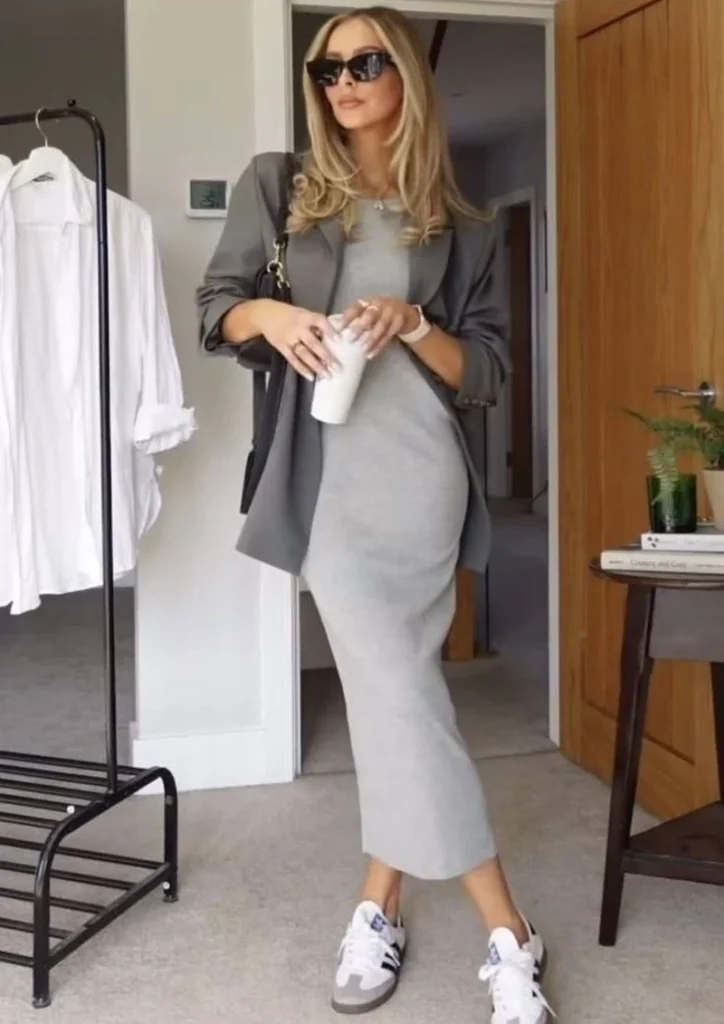 Gray Knit Dress and Boxy Blazer