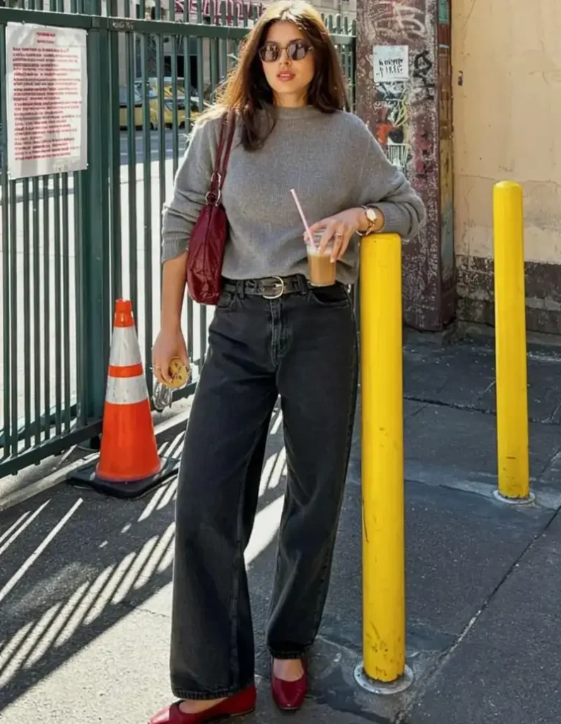 Gray Sweater With Black Jeans and Red Flats