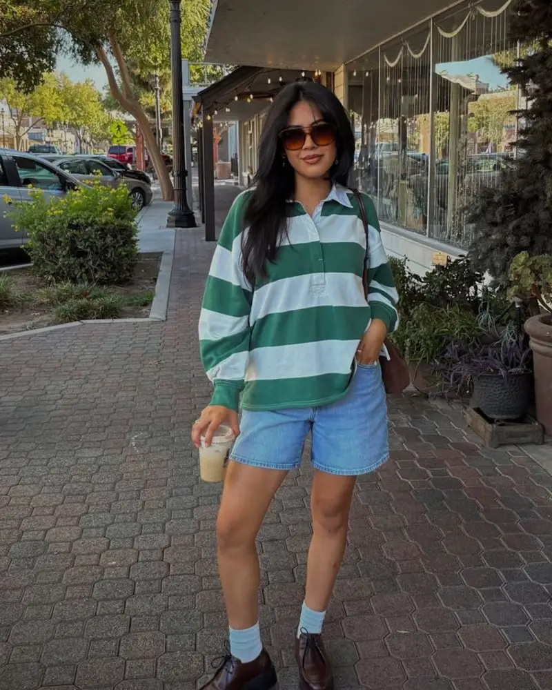 Green Rugby Shirt With Denim Shorts