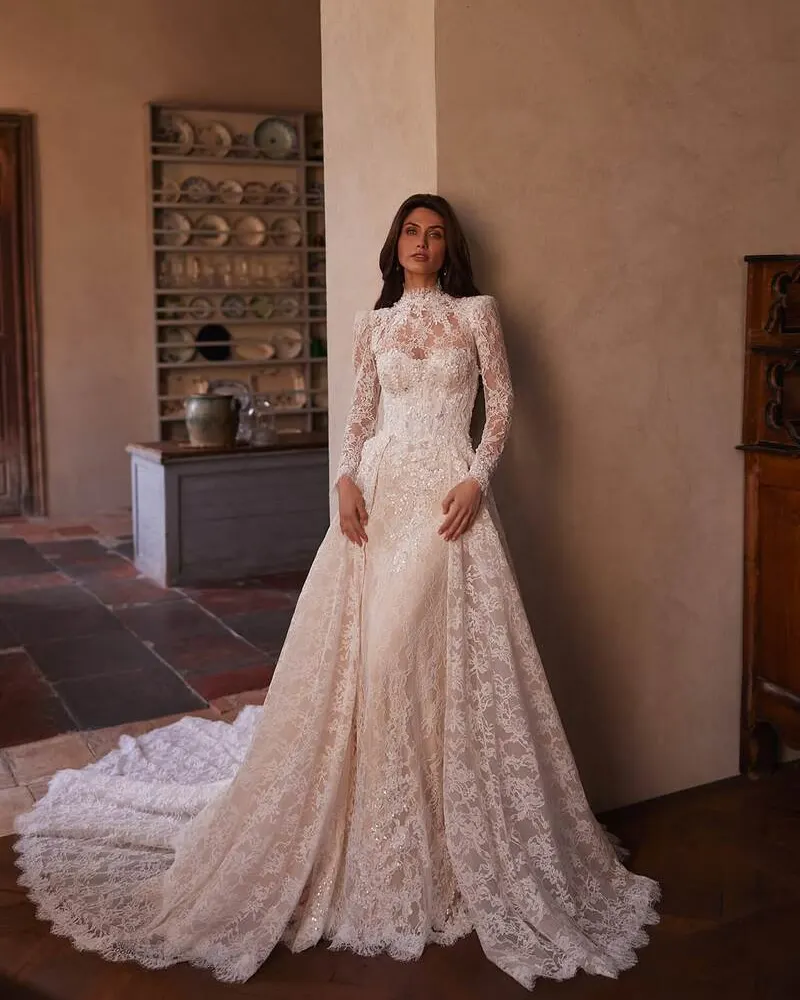 High-Neck Lace Gown With Long Sleeves