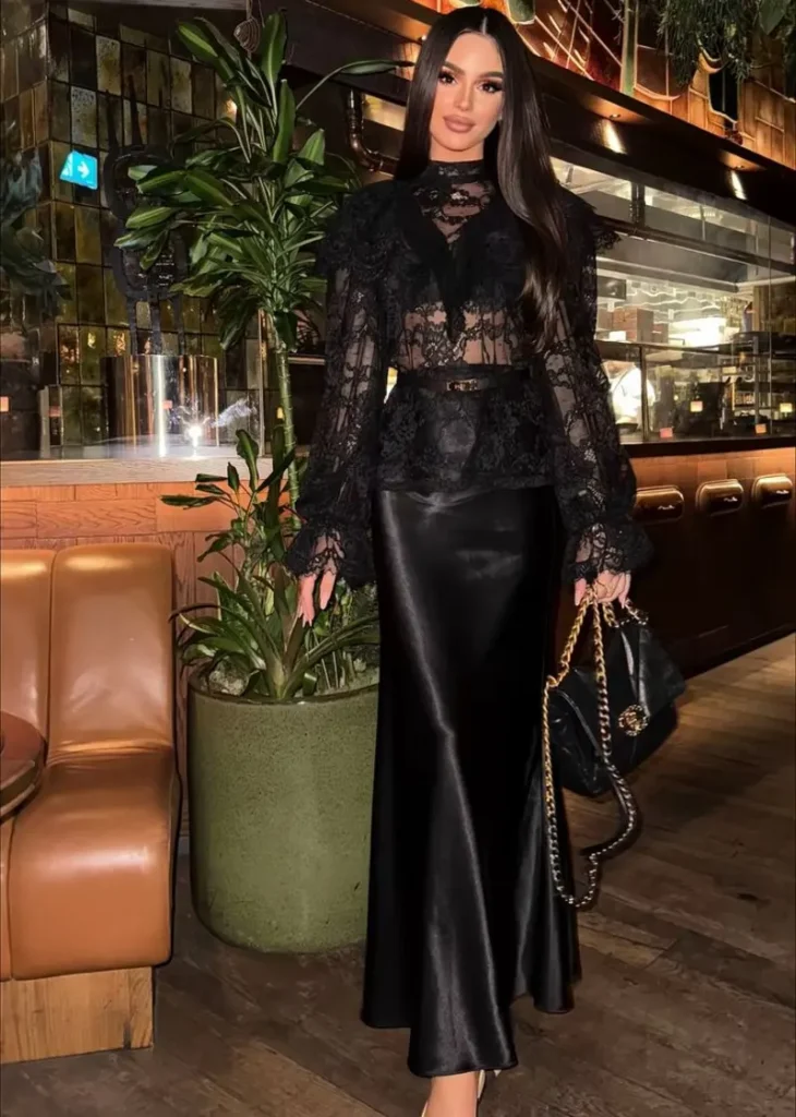 High-Neck Lace Peplum Blouse With a Satin Maxi Skirt