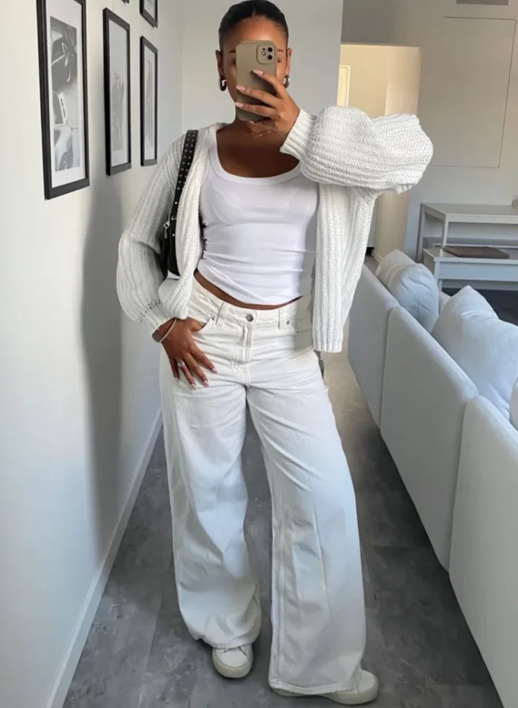 Ivory Cardigan With White Wide-Leg Jeans