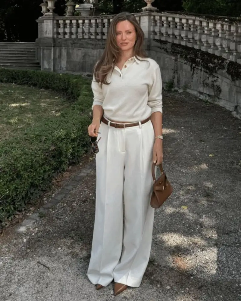 Ivory Knit Polo and Wide-Leg Trousers