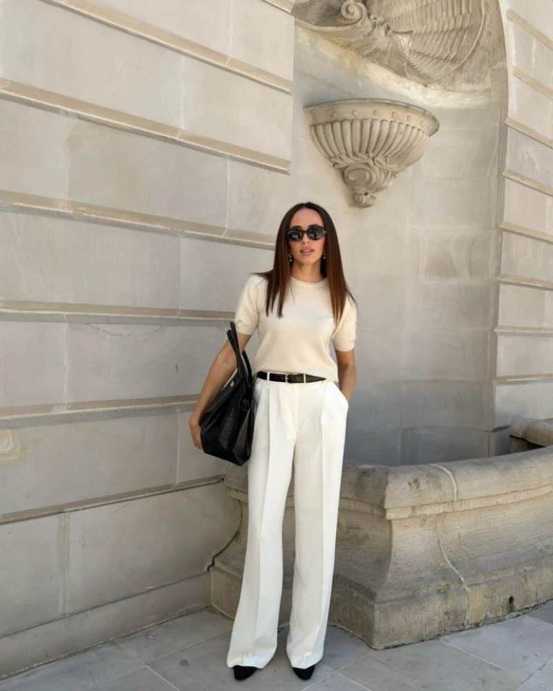 Ivory Knit Top With White Wide-Leg Trousers
