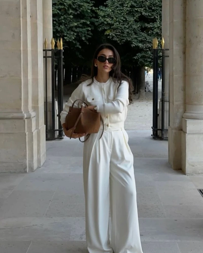 Ivory Knit With Pleated Wide Leg Trousers