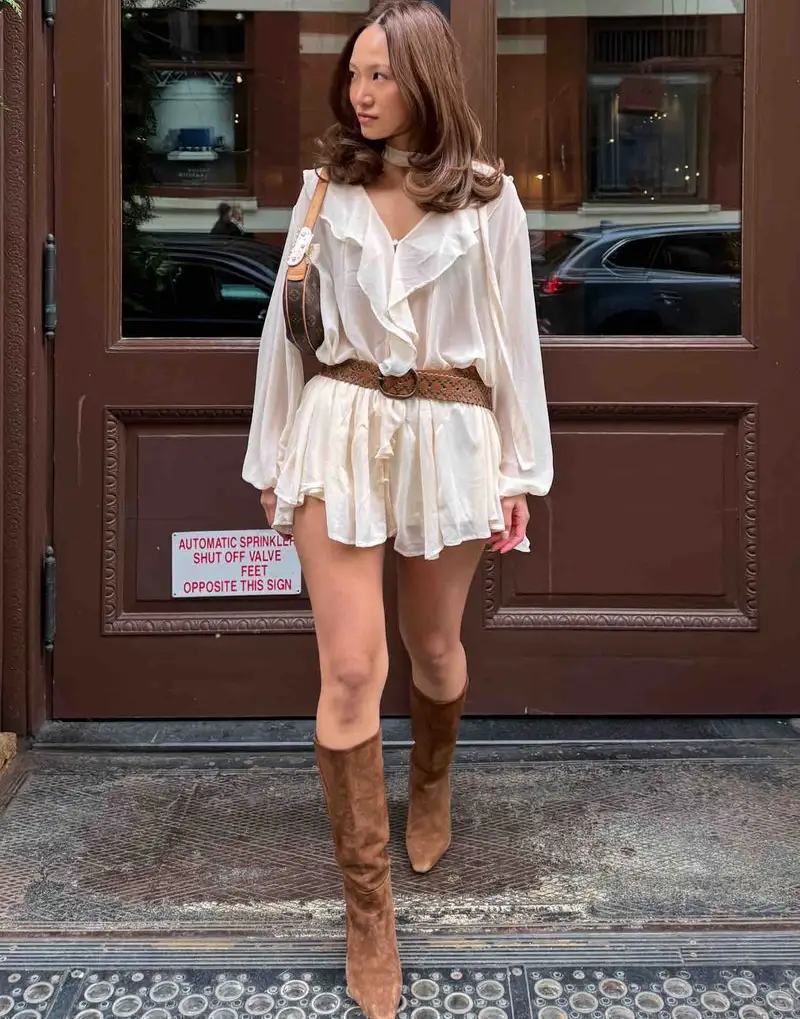 Ivory Ruffle Romper and Suede Boots