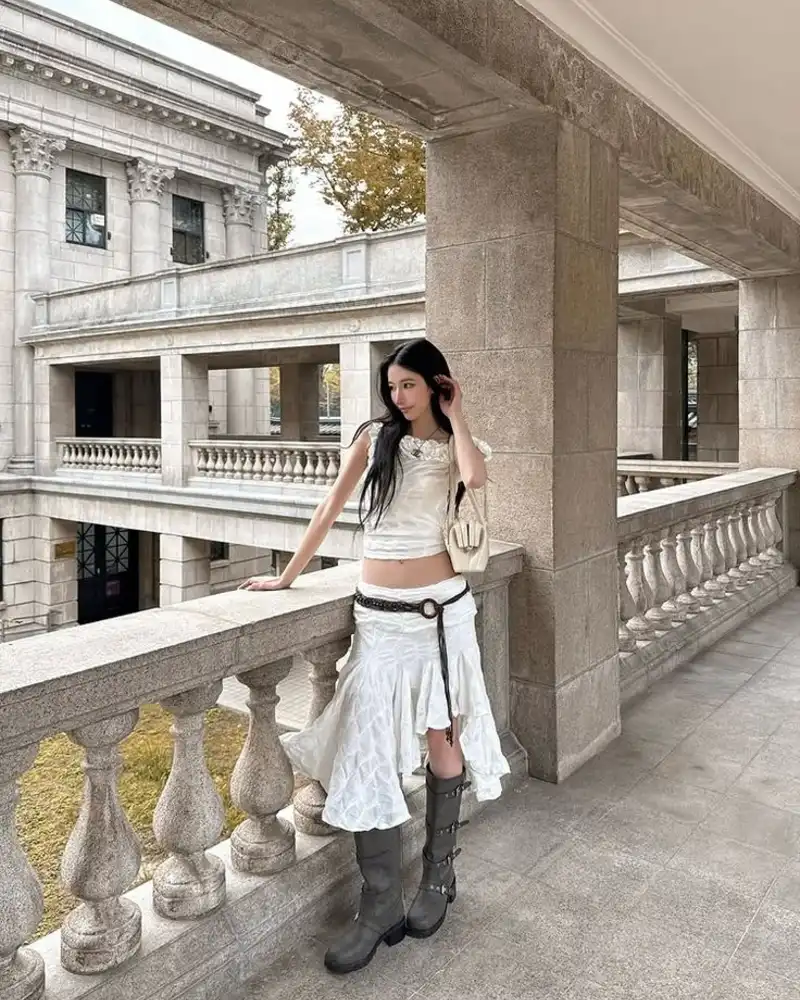 Ivory Skirt and Buckled Boots