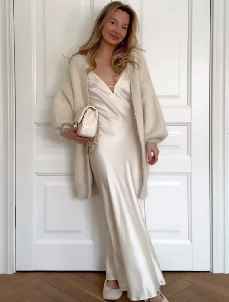 Ivory Slip Dress With a Soft Cardigan