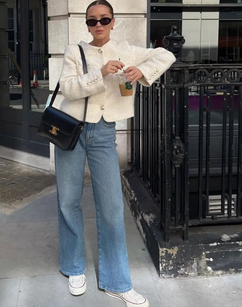 Ivory Tweed Jacket With Wide-Leg Jeans