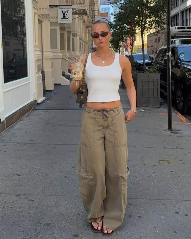 Khaki Cargo Pants With a White Cropped Tank and Sandals