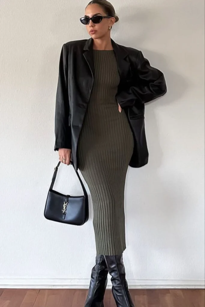 Knit Midi Dress With a Leather Blazer