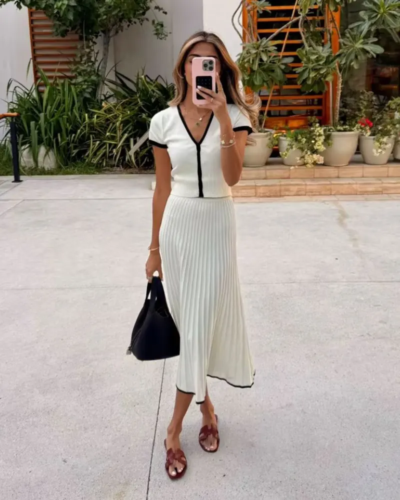  Knit Polo + Pleated Midi Skirt