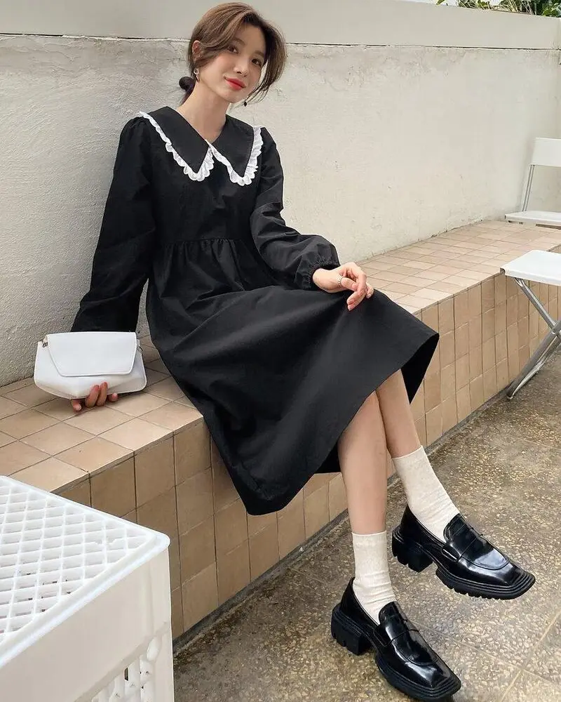 Lace-Collar Dress With Black Loafers
