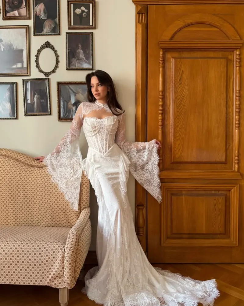 Lace Corset Mermaid Gown With Bell Sleeves