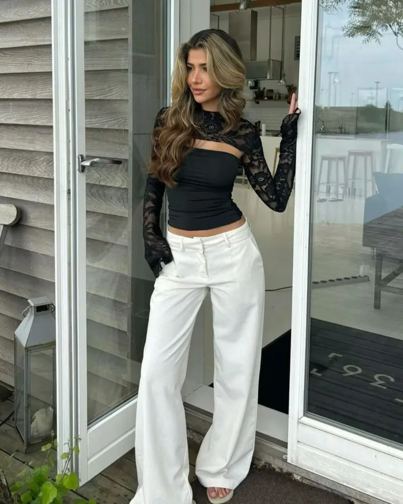 Lace Top + White Trousers