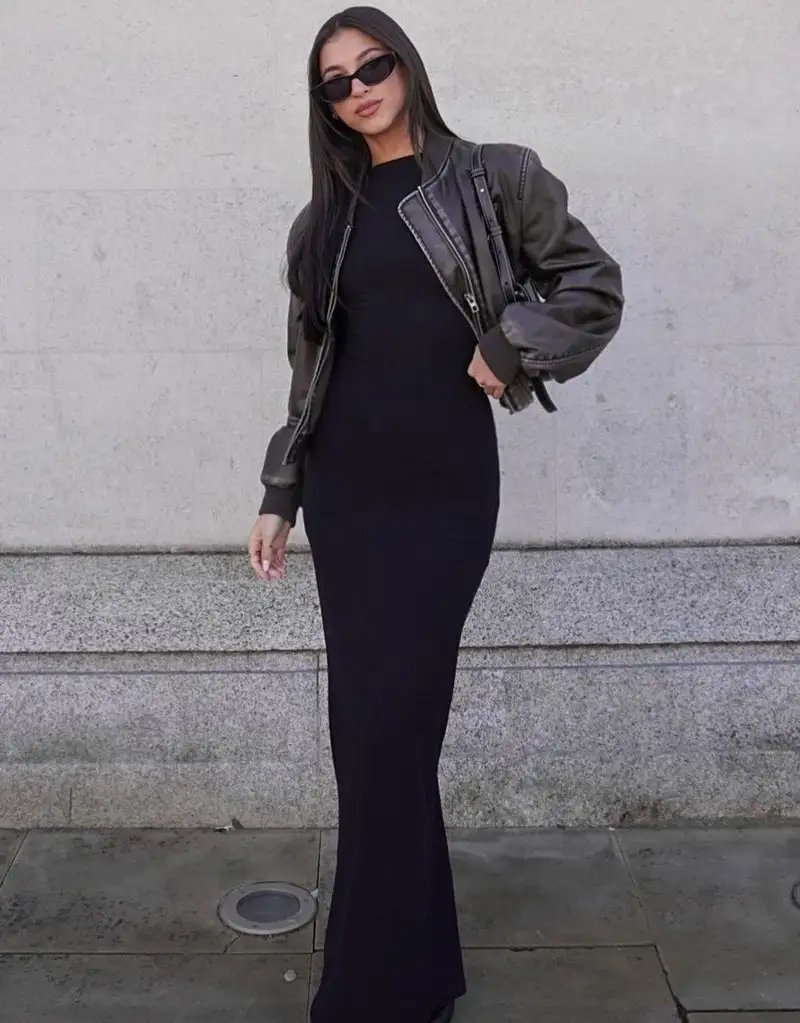 Leather Bomber + Black Maxi Dress