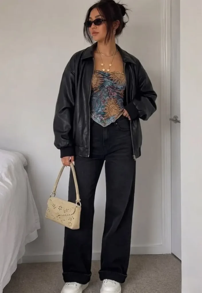Leather Bomber With a Printed Corset Top