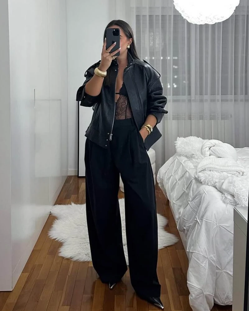 Leather Jacket + Lace Bralette