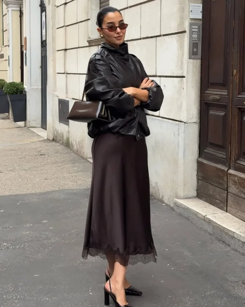 Leather Jacket + Lace-Trim Skirt