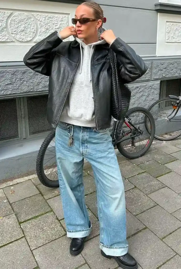 Leather Jacket Over a Gray Hoodie