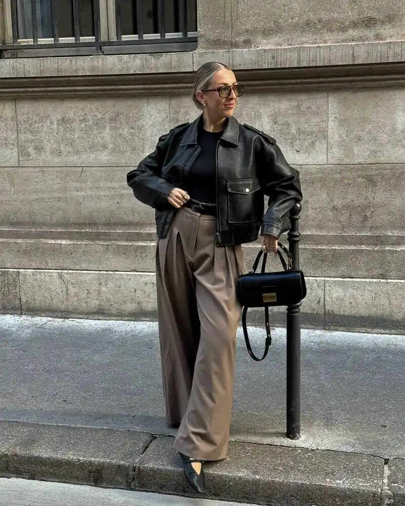 Leather Jacket With Taupe Tailored Trousers
