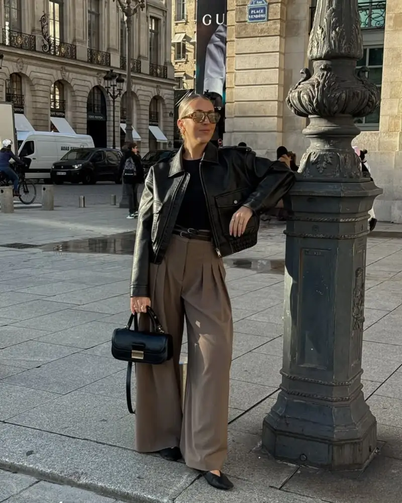 Leather Jacket With Wide-Leg Trousers