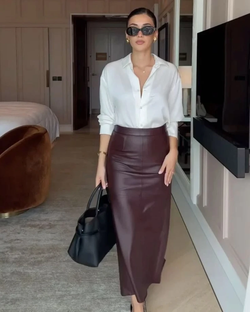 Leather Midi Skirt + Crisp White Shirt