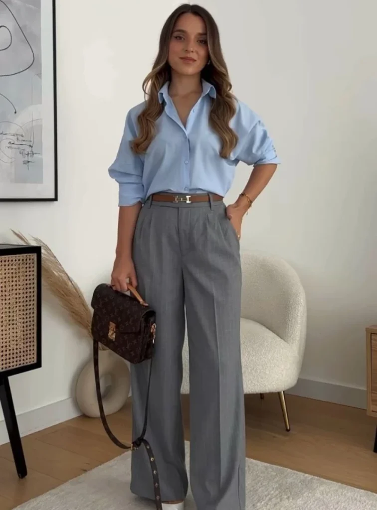  Light Blue Shirt With Gray Wide Leg Trousers