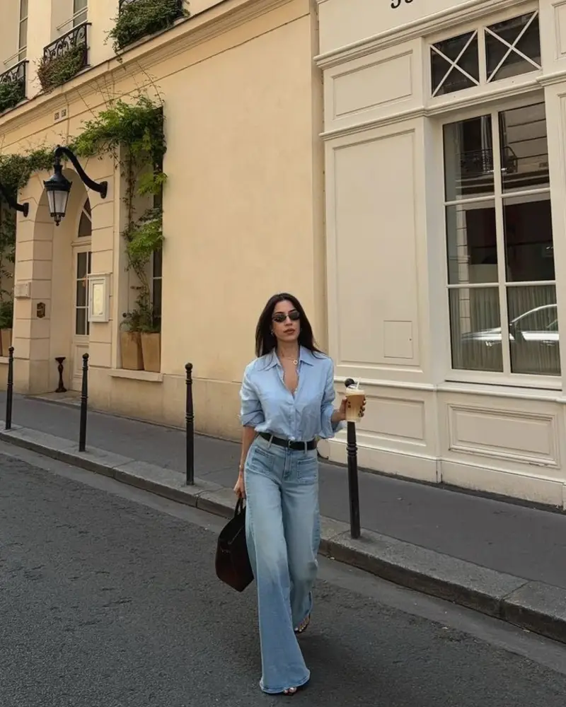 Light Denim Shirt With Wide Leg Jeans