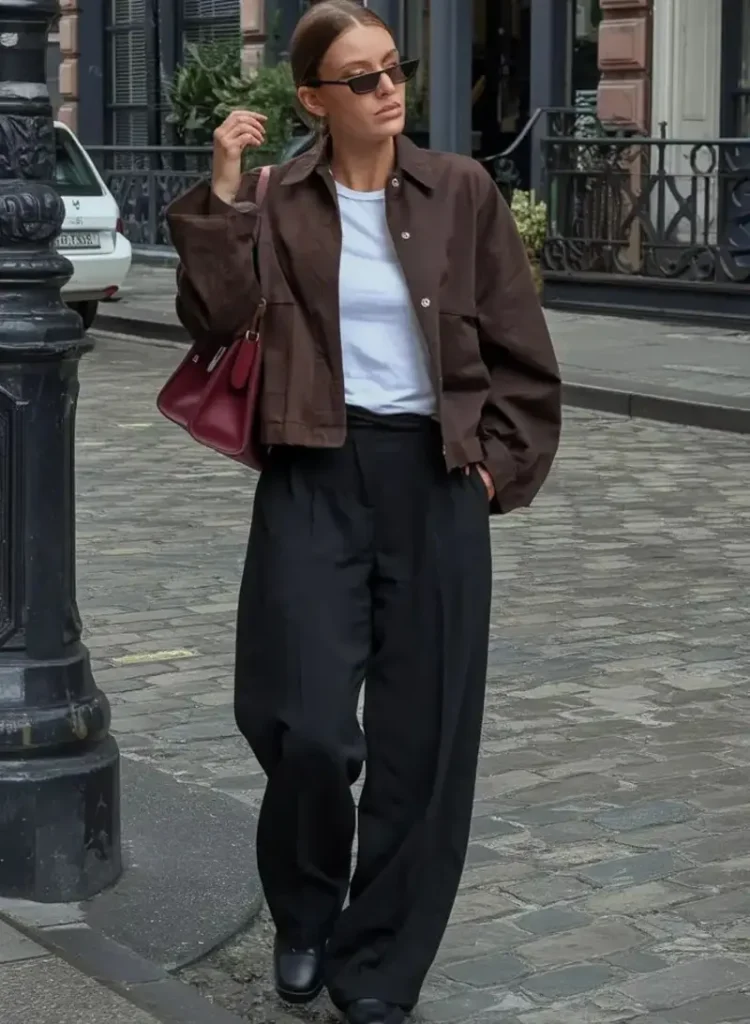 Lightweight Jacket With a Basic Tee and Wide Leg Trousers