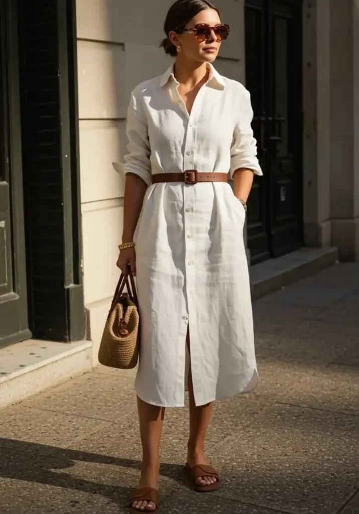 Linen Shirt Dress with a Leather Belt