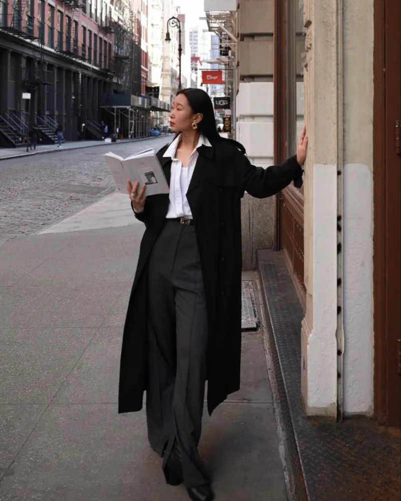 Long Black Coat With Gray Executive Trousers