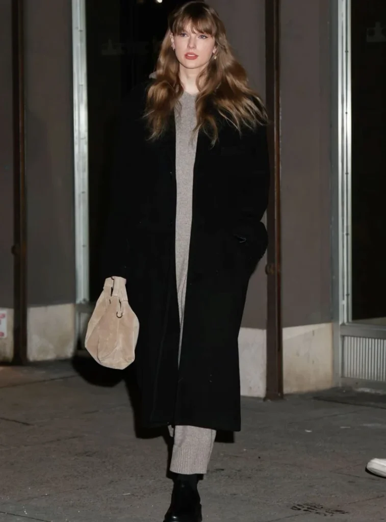 Long Black Coat With Soft Gray Knitwear