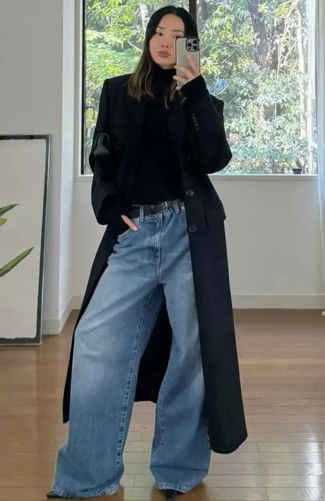 Long Black Coat With Wide-Leg Jeans