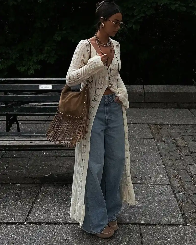 Long Cardigan With Wide-Leg Jeans