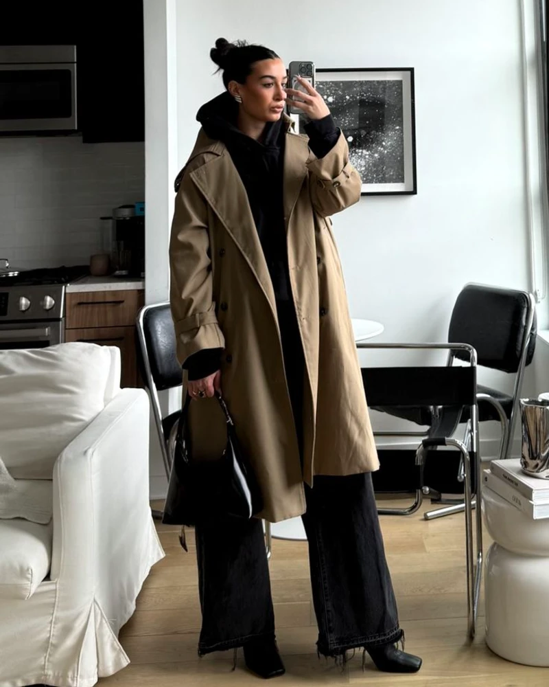 Long Trench Over a Black Hoodie